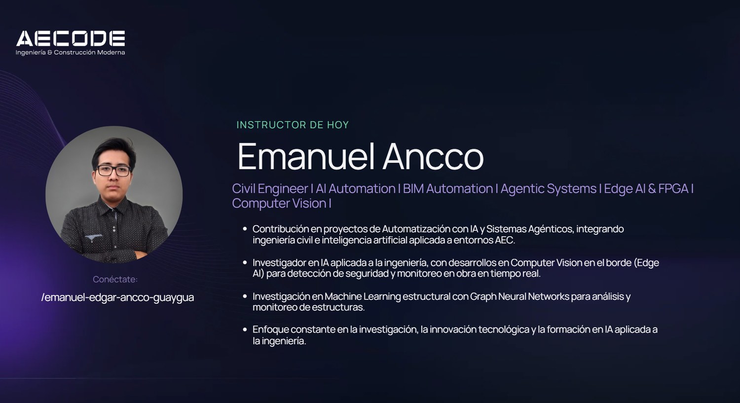 Lamina de AECODE: Emanuel Ancco, instructor de hoy