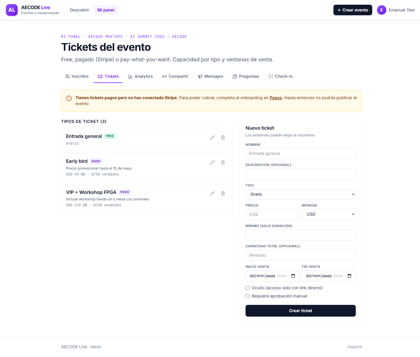 AECODE Live: administracion de tipos de ticket del evento