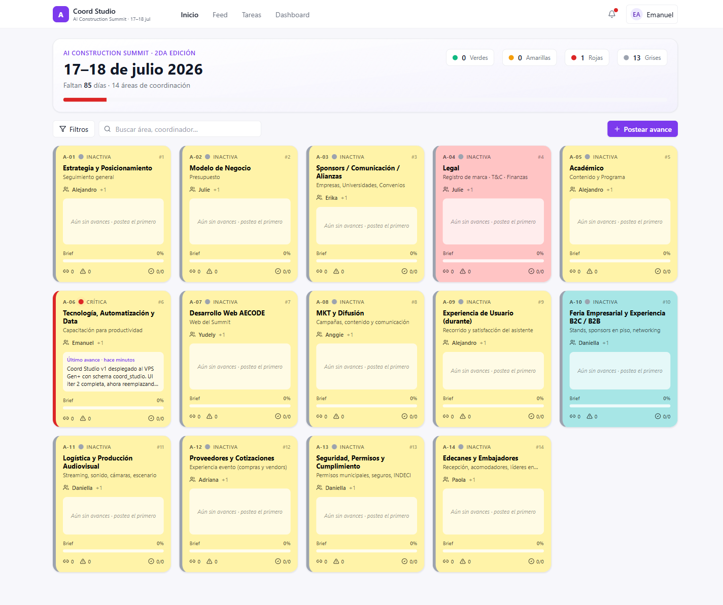 Coord Studio: tablero de areas y entregables