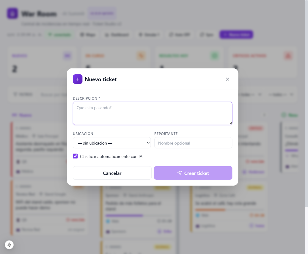 War Room: tablero de incidencias y alta de ticket con clasificacion por IA